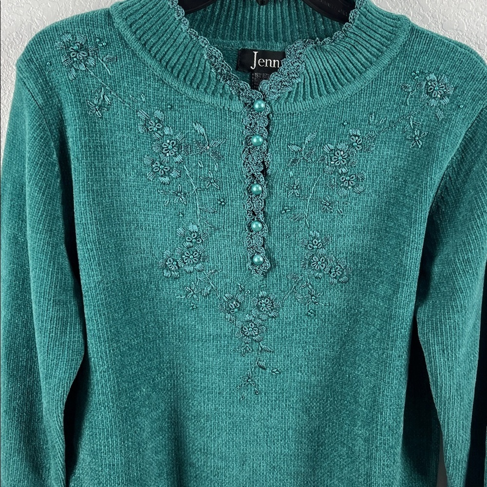 Jenny Women’s Small Dark Green Sweater Crochet Trim Beaded Button Front Floral M - Picture 4 of 8